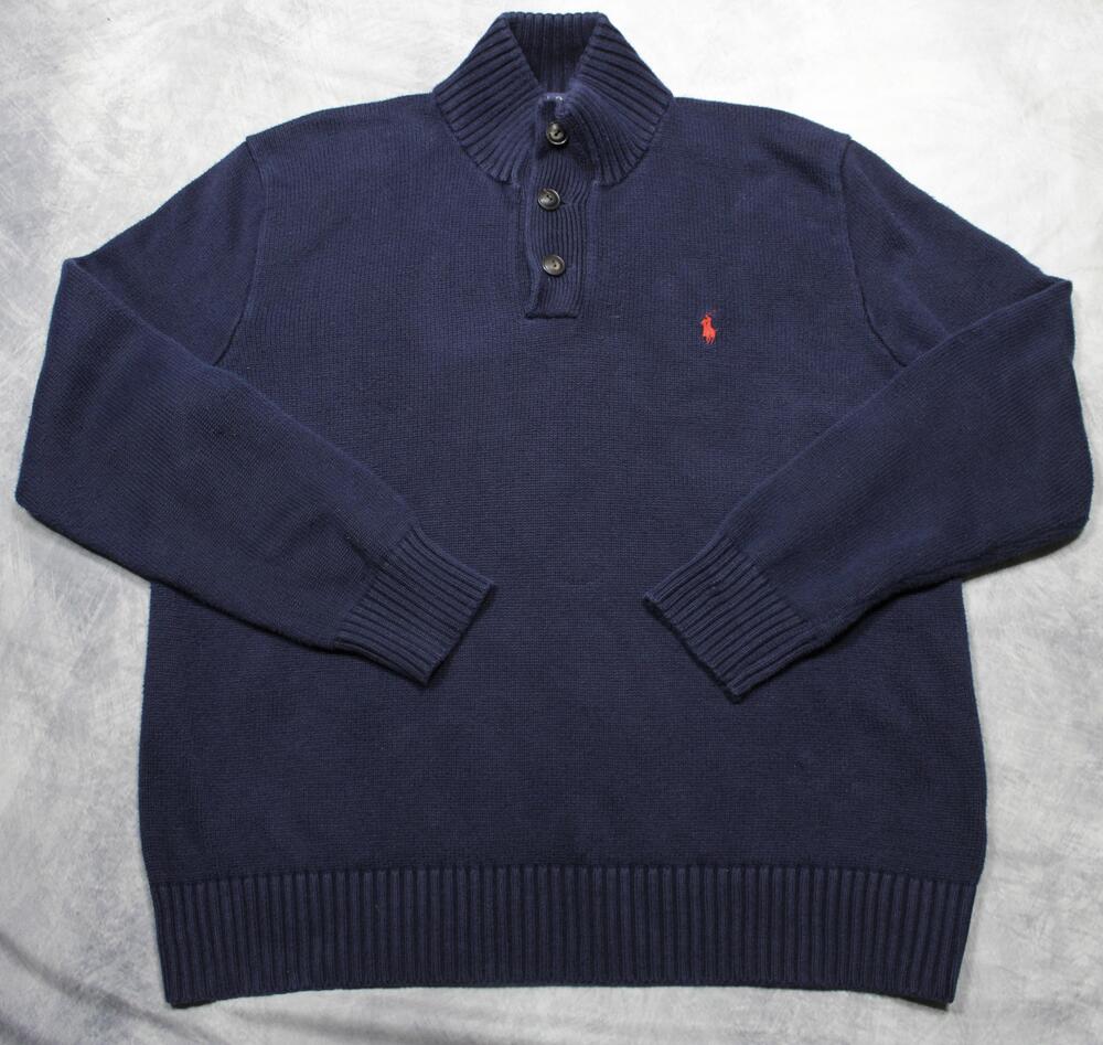 Polo Ralph Lauren Sweater Mens Large Blue Cotton Henley Mock Neck Pony Logo